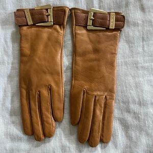 Michael Kors Brown Leather Gloves with Gold Buckles